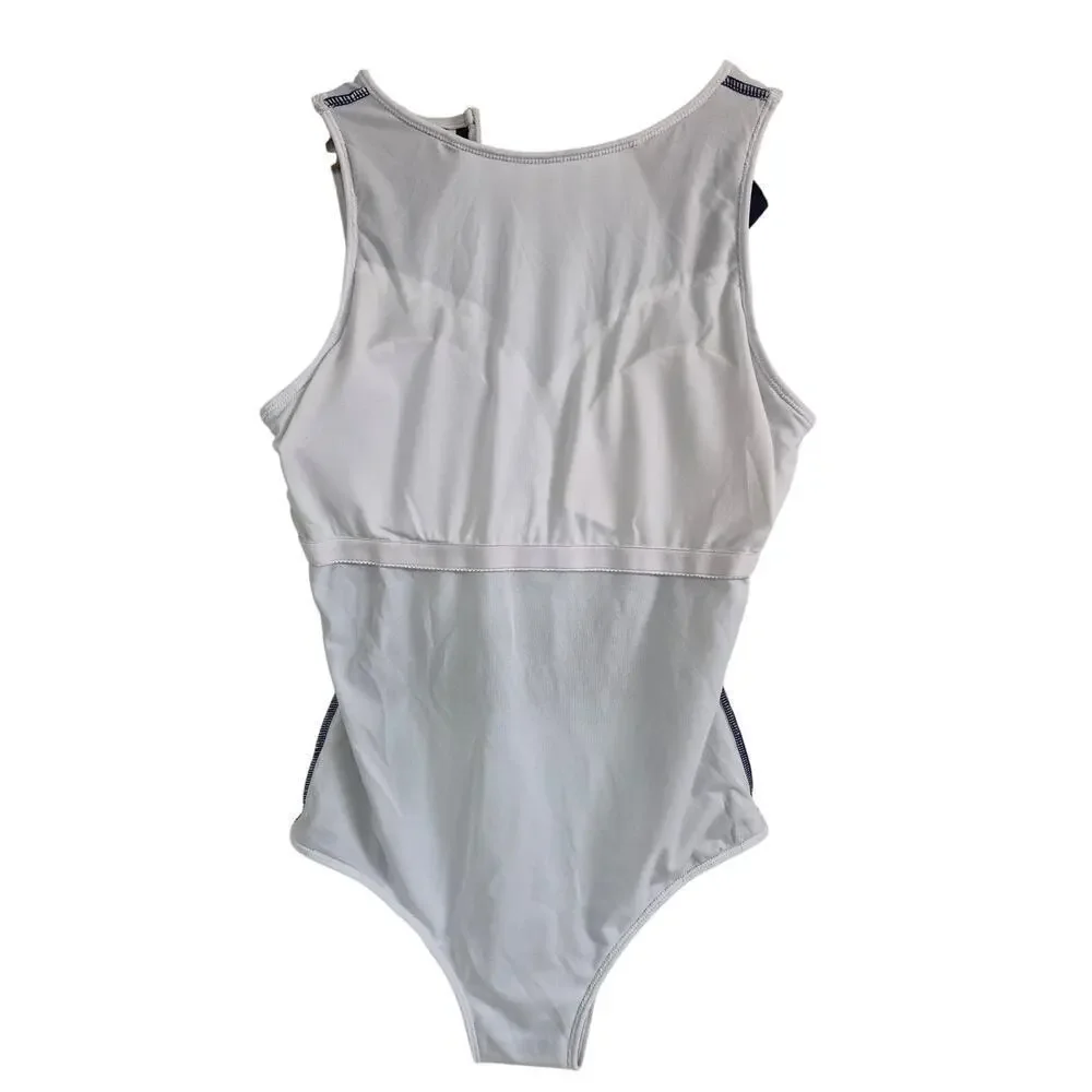 1PC Blue/White Bathing Suit w/ Stripes Zipper Down Back High Neckline Womens M/L